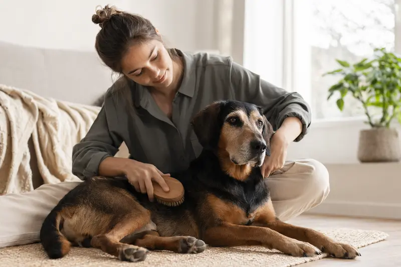 Ein Polnischer Ogar Hund wird in der hellen Wohnung sanft gebürstet, während sein Besitzer die Fellpflege liebevoll übernimmt.