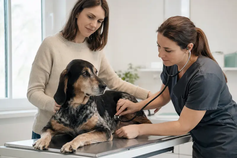 Eine Tierärztin untersucht einen ruhigen Polnischen Ogar mit dem Stethoskop, während der Besitzer in der modernen Tierarztpraxis beruhigend danebensteht.