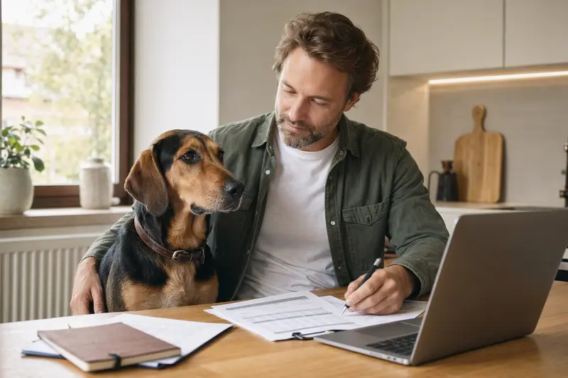 Ein Polnischer Ogar sitzt ruhig neben seinem Besitzer am Küchentisch mit Versicherungsunterlagen und einem Laptop zur Hundekrankenversicherung.