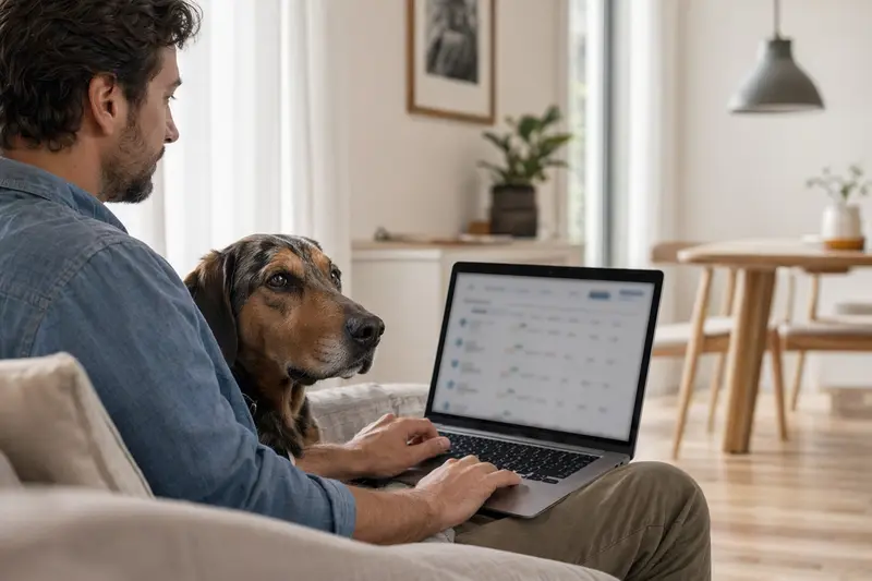 Ein Hundehalter arbeitet am Laptop auf dem Sofa, während ein Polnischer Ogar Hund an seiner Seite sitzt. Die unscharfe Bildschirmansicht zeigt eine neutrale Versicherungsvergleichsseite.
