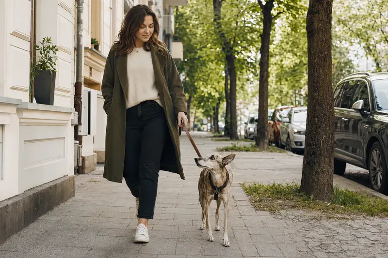 Ein Polnischer Windhund läuft mit seinem Besitzer an der Leine durch eine freundliche moderne Stadtstraße.