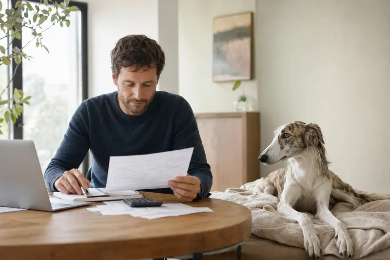 Ein Hundehalter sitzt mit einer Tierarztrechnung am Tisch, während sein Polnischer Windhund entspannt auf einer Decke liegt und das Thema Hundekrankenversicherung ruhig begleitet.