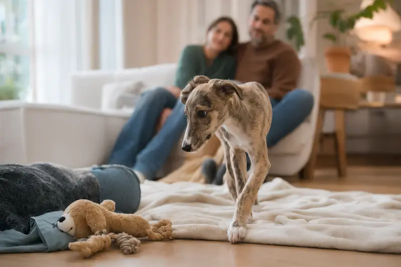 Ein neugieriger polnischer Windhund Welpe entdeckt sein neues Zuhause mit einer weichen Decke und Spielzeug, während eine liebevolle Familie im Hintergrund zu sehen ist.