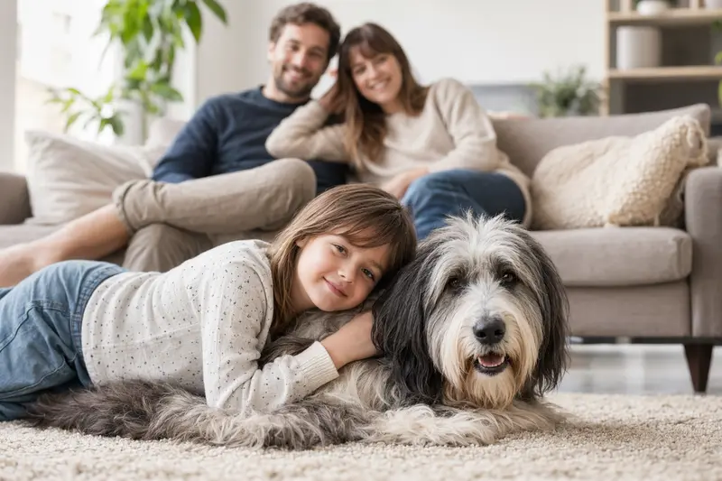 Ein Polski Owczarek Nizinny liegt entspannt neben einem Kind im Wohnzimmer, während die Eltern im Hintergrund für eine sichere Familiensituation sorgen.