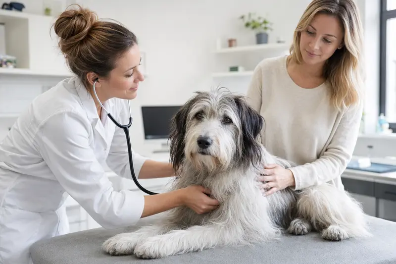 Ein ruhiger Polski Owczarek Nizinny Hund wird von einer freundlichen Tierärztin auf einem Untersuchungstisch in einer modernen Tierarztpraxis untersucht.