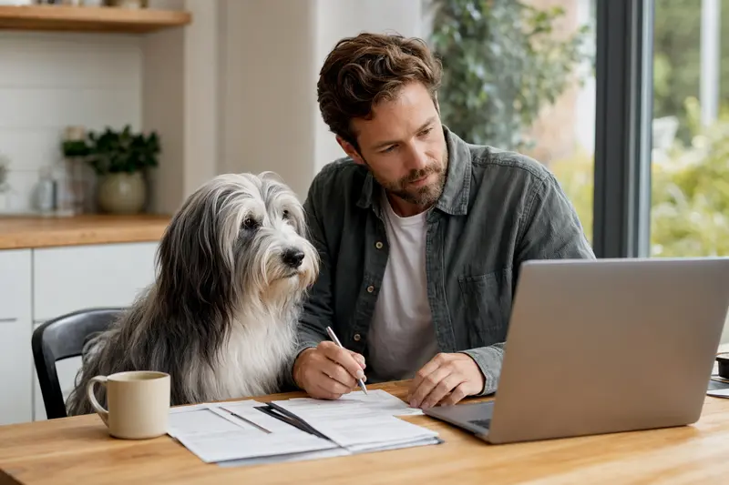 Ein Polski Owczarek Nizinny sitzt ruhig neben seinem Besitzer am Küchentisch mit Versicherungsunterlagen und Laptop vor einer Vergleichsseite zur Hundekrankenversicherung.