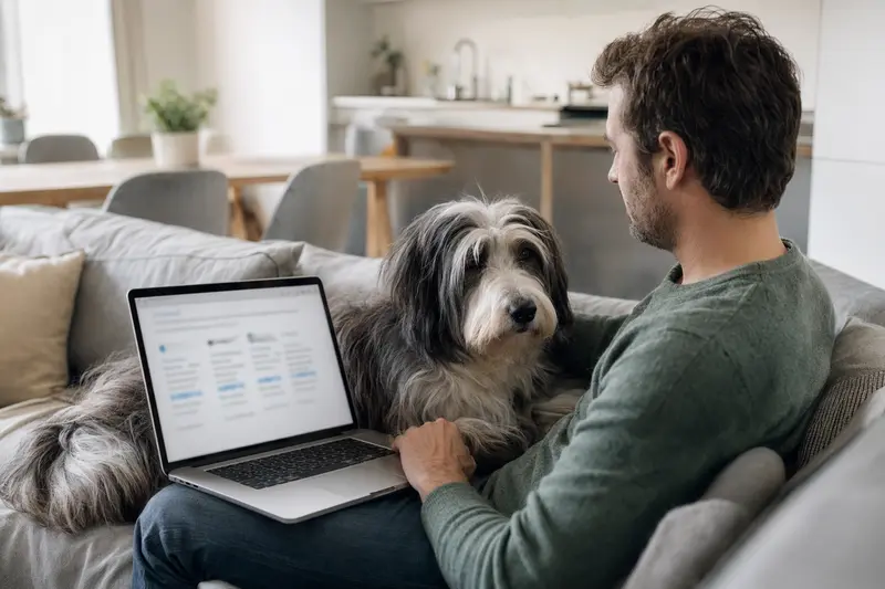 Ein Hund und sein Besitzer sitzen entspannt auf dem Sofa, während der Besitzer online Versicherungsoptionen für seinen Hund vergleicht.