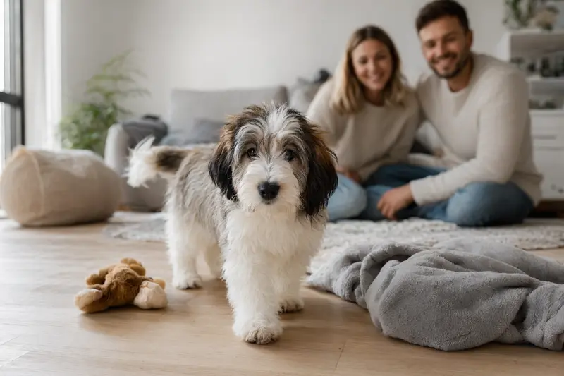 Ein neugieriger Polski Owczarek Nizinny Welpe entdeckt seine neue Umgebung mit einer weichen Decke und Spielzeug, während eine liebevolle Familie im Hintergrund zu sehen ist.