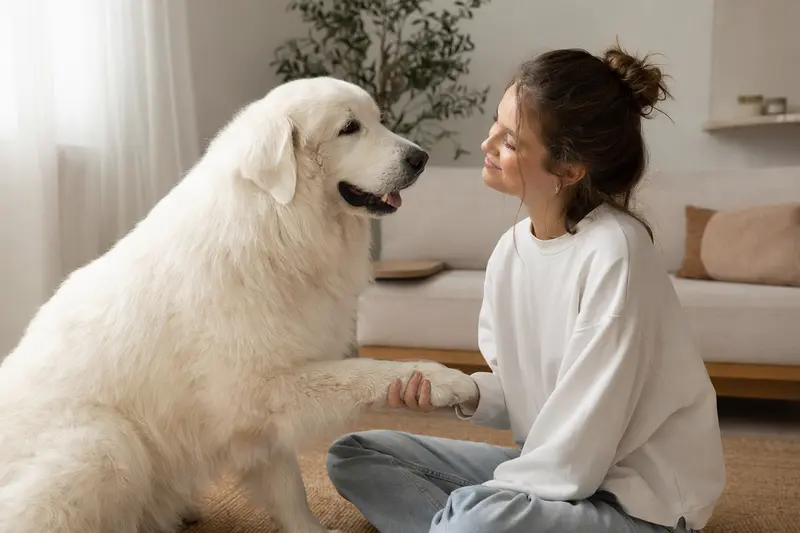Ein aufmerksam stehender Polski Owczarek Podhalanski vor hellem Hintergrund als realistisches Hundeportrait.
