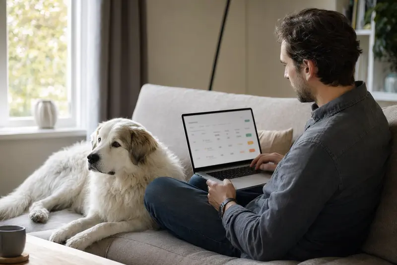Ein Hundebesitzer mit einem Polski Owczarek Podhalanski arbeitet am Laptop auf dem Sofa in einer hellen Wohnung, während er sanft die Versicherungsmöglichkeiten für sein Tier in Betracht zieht.