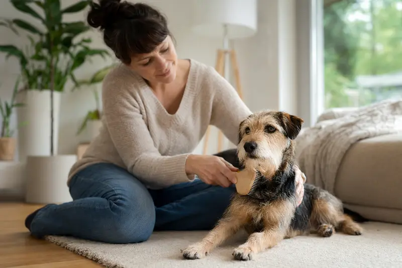 Ein Poltalloch Terrier wird zuhause liebevoll gebürstet und gepflegt.