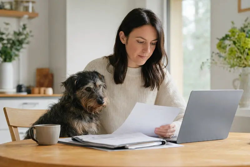 Ein Poltalloch Terrier sitzt ruhig neben seinem Besitzer am Küchentisch mit Versicherungsunterlagen und Laptop zur Hundekrankenversicherung.
