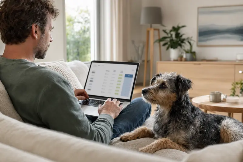 Ein Hund sitzt neben einem Besitzer auf dem Sofa, während dieser einen Laptop nutzt, um Versicherungsoptionen zu vergleichen.