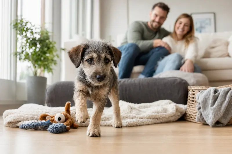 Ein junger Poltalloch Terrier Welpe erkundet neugierig seine neue, freundliche Wohnung mit einer weichen Decke und Spielzeug.