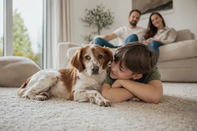 Ein Pont-Audemer-Spaniel liegt entspannt neben einem Kind im Wohnzimmer, während die Eltern im Hintergrund eine sichere Familienatmosphäre schaffen.