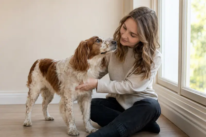 Ein aufmerksamer Pont-Audemer-Spaniel steht in natürlicher Haltung vor hellem Hintergrund und zeigt die typische Fellstruktur der Rasse.