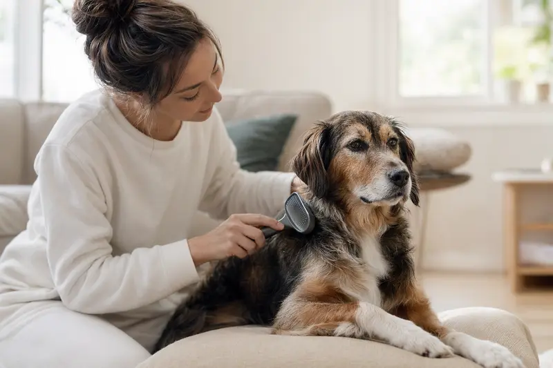 Ein Pont-Audemer-Spaniel wird in einer hellen Wohnung liebevoll gebürstet, während sich der Besitzer um die Fellpflege und Gesundheit des Hundes kümmert.