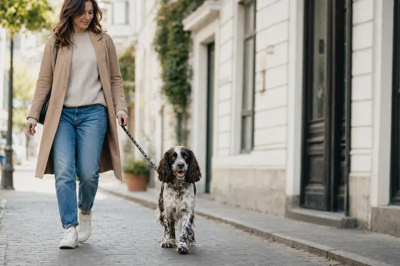 Ein Pont-Audemer-Spaniel läuft an der Leine mit seinem Besitzer durch eine moderne Stadtstraße.
