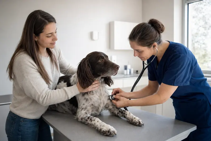 Ein Pont-Audemer-Spaniel wird behutsam von einer Tierärztin mit Stethoskop untersucht, während sein Besitzer beruhigend zuschaut.