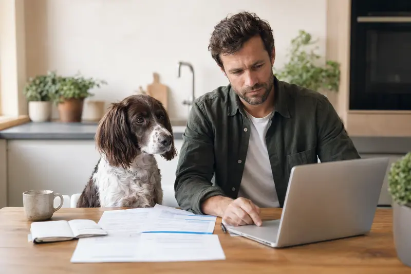 Ein Pont-Audemer-Spaniel sitzt ruhig neben seinem Besitzer am Küchentisch mit Versicherungsunterlagen und einem Laptop zur Hundekrankenversicherung.