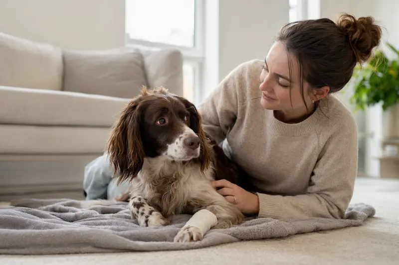 Ein Pont-Audemer-Spaniel mit leichtem Verband an der Pfote liegt ruhig auf einer Decke, während sein Besitzer erleichtert neben ihm sitzt.