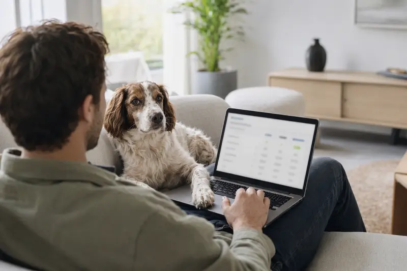 Ein Besitzer nutzt seinen Laptop auf dem Sofa, während ein Pont-Audemer-Spaniel neben ihm sitzt. Der Bildschirm zeigt eine neutrale Versicherungsvergleichsseite.