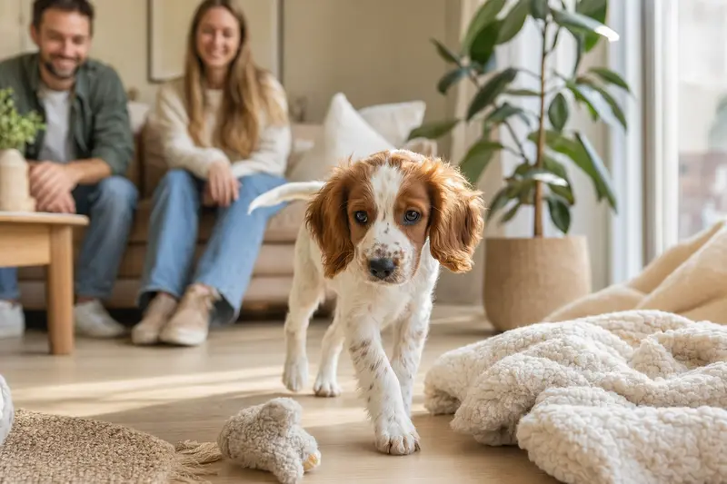 Ein neugieriger Pont-Audemer-Spaniel Welpe erkundet sein neues Zuhause, umgeben von Spielzeug und einer liebevollen Familie.