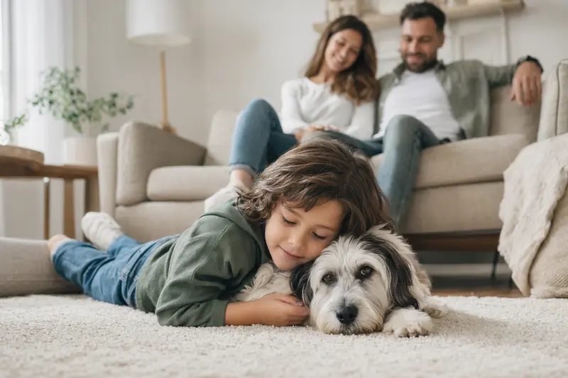 Ein freundlicher Porcelaine Hund liegt entspannt neben einem Kind im hellen Wohnzimmer, während die Eltern im Hintergrund eine sichere Familienatmosphäre schaffen.