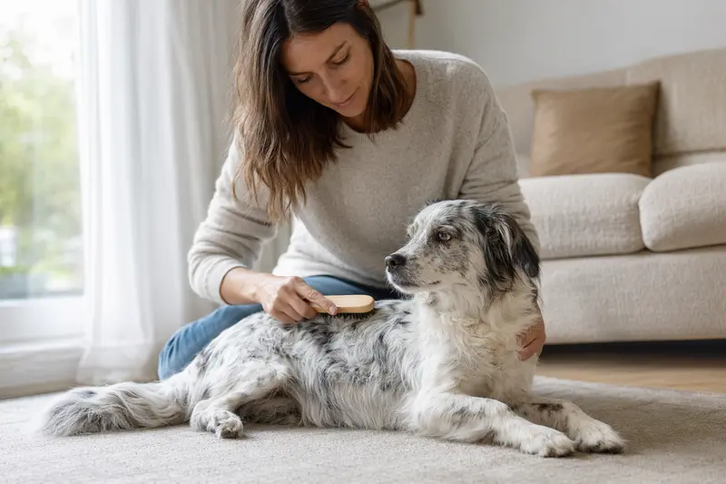 Ein Porcelaine Hund wird in einer hellen Wohnung sanft gebürstet, während sein Besitzer liebevoll die Fellpflege übernimmt.