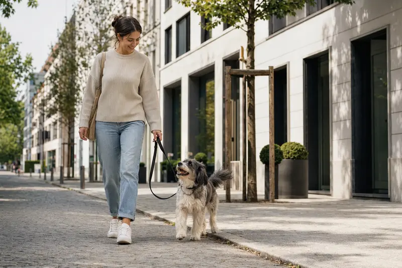 Ein Porcelaine Hund läuft an der Leine mit seinem Besitzer durch eine moderne Stadtstraße.