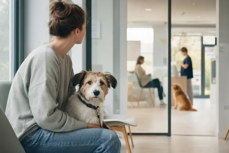 Ein Porcelaine Hund sitzt ruhig neben seinem Besitzer im hellen Wartezimmer einer modernen Tierarztpraxis.
