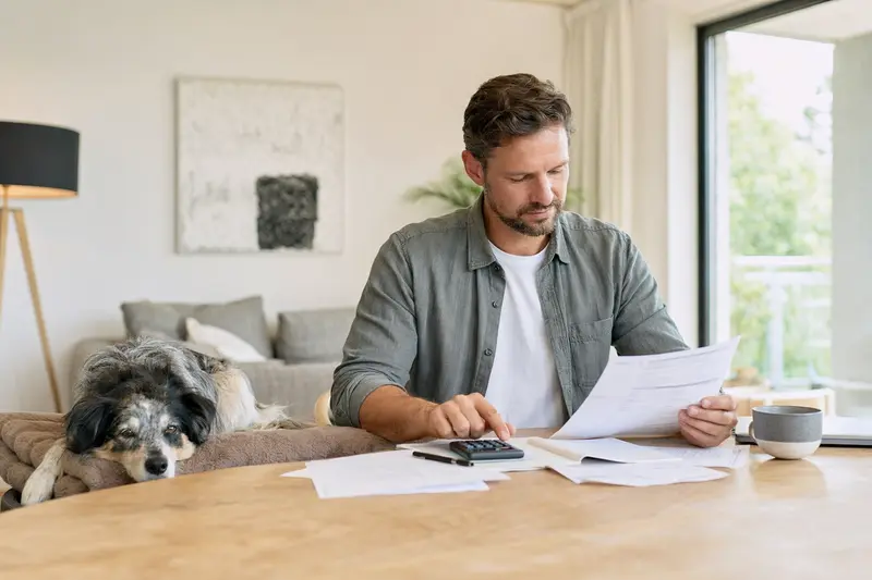 Ein Hundehalter sitzt mit einer Tierarztrechnung am Tisch, während ein entspannter Porcelaine Hund auf einer Decke neben ihm liegt – ein ruhiges Motiv zum Thema Tierarztkosten und Hundeversicherung.
