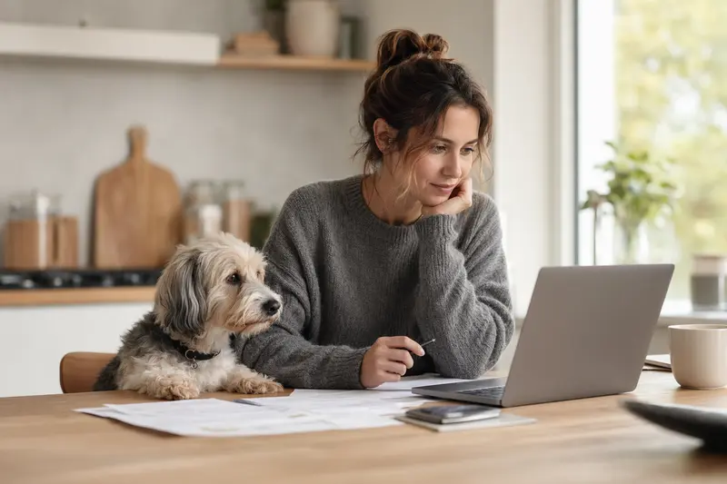 Porcelaine Hund sitzt ruhig neben seinem Besitzer am Küchentisch mit Versicherungsunterlagen und Laptop zur Hundekrankenversicherung.