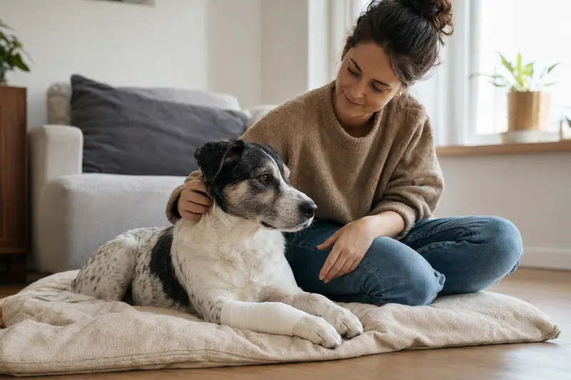 Ein Porcelaine Hund mit leicht verbundenen Pfote liegt ruhig auf einer Decke, während sein Besitzer daneben erleichtert sitzt.