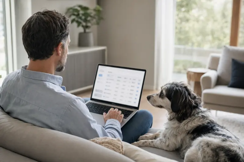 Ein Hundebesitzer sitzt auf dem Sofa mit einem Laptop, während ein Porcelaine Hund daneben liegt und eine neutrale Versicherungsvergleichsseite angezeigt wird.