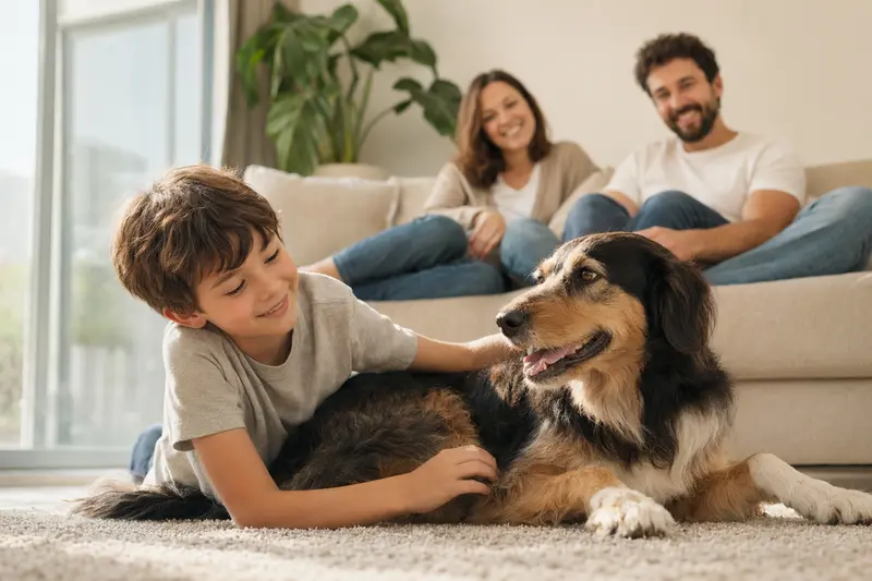 Ein Portugiesischer Hirtenhund liegt entspannt neben einem Kind im hellen Wohnzimmer, während die Eltern im Hintergrund eine sichere Familienatmosphäre schaffen.