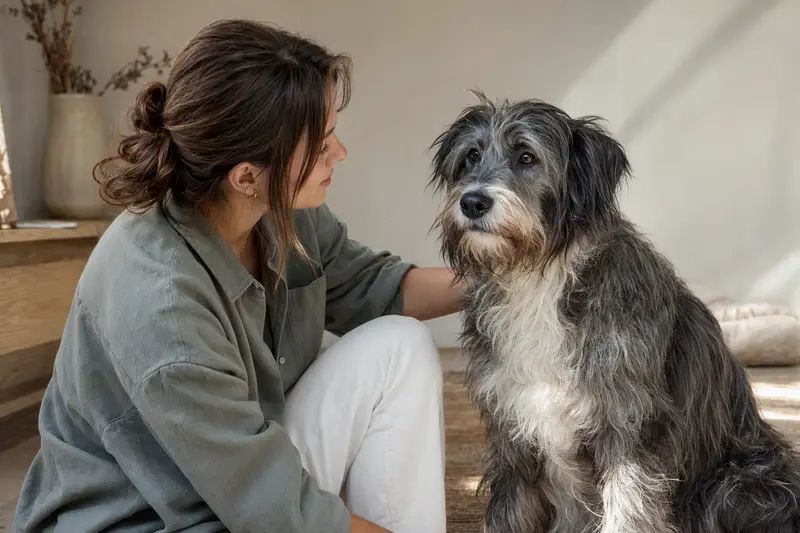Portugiesischer Hirtenhund in natürlicher Haltung vor hellem Hintergrund als realistisches Hunde-Porträt.