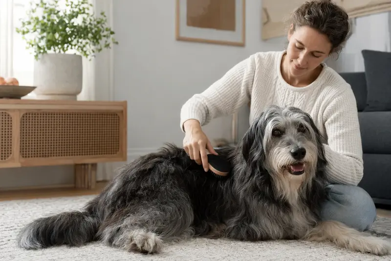 Ein Portugiesischer Hirtenhund wird in einer hellen Wohnung von seinem Besitzer sanft gebürstet.