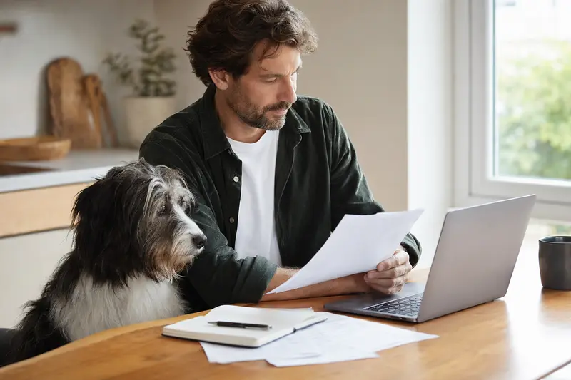 Portugiesischer Hirtenhund sitzt ruhig neben seinem Besitzer am Küchentisch mit Versicherungsunterlagen und Laptop für einen Vergleich von Hundeversicherungen.