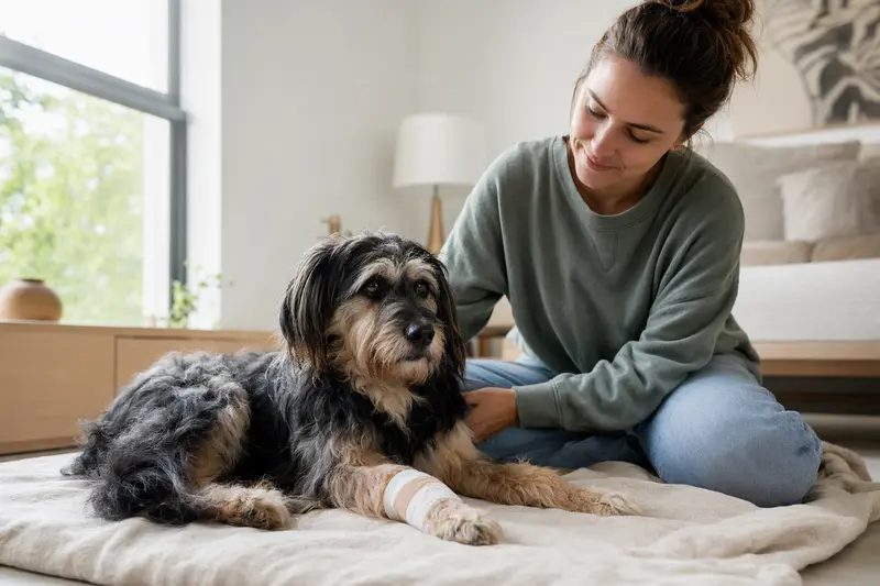 Ein Portugiesischer Hirtenhund liegt mit leicht verbundenem Verband an der Pfote ruhig auf einer Decke, während sein erleichterter Besitzer neben ihm sitzt.