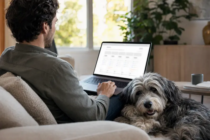 Ein Hundebesitzer arbeitet am Laptop auf dem Sofa, während ein Portugiesischer Hirtenhund neben ihm sitzt und eine neutrale Versicherungsvergleichsoberfläche auf dem Bildschirm sichtbar ist.