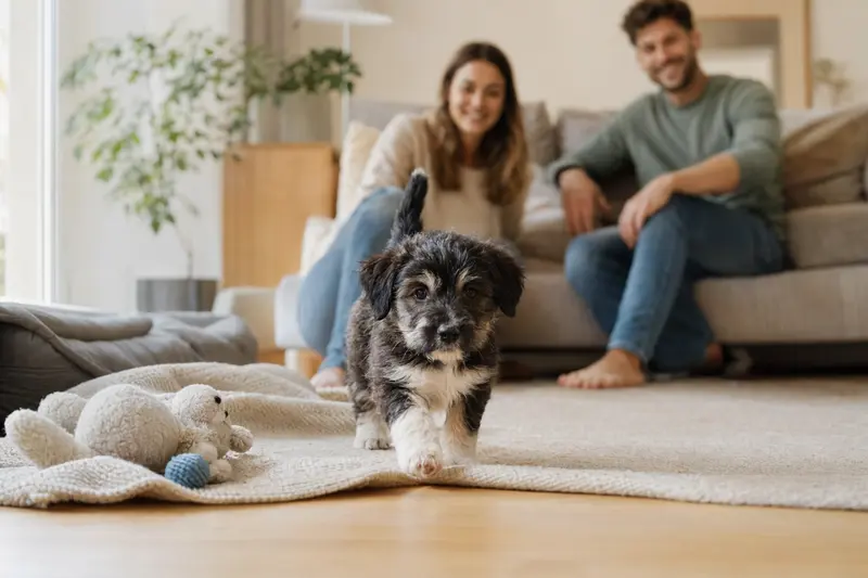Ein neugieriger Welpe des Portugiesischen Hirtenhundes erkundet sein neues Zuhause mit liebevoller Familie im Hintergrund.