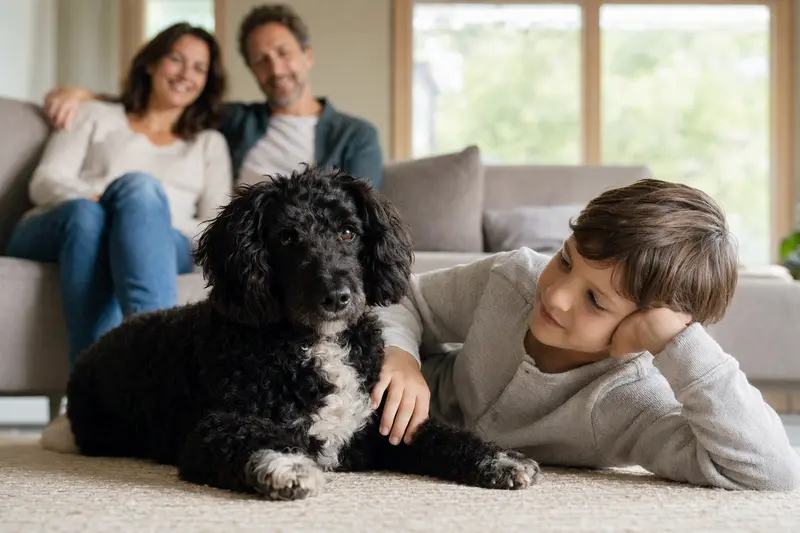 Ein freundlicher Portugiesischer Hühnerhund liegt entspannt neben einem Kind im Wohnzimmer, während Eltern im Hintergrund eine sichere Familienatmosphäre schaffen.