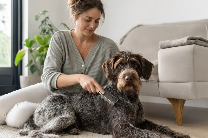 Ein Portugiesischer Hühnerhund wird in einer hellen Wohnung liebevoll gebürstet, was die regelmäßige Fellpflege und verantwortungsvolle Hundegesundheit zeigt.