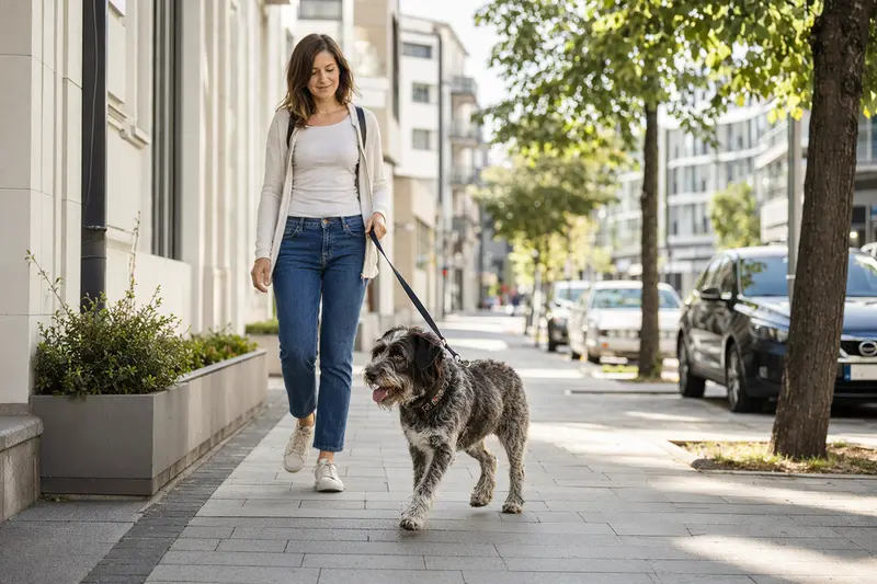 Ein Portugiesischer Hühnerhund läuft angeleint mit seinem Besitzer durch eine freundliche moderne Stadtstraße.