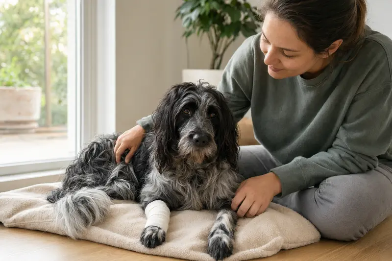 Portugiesischer Hühnerhund mit leichtem Verband an der Pfote liegt ruhig auf einer Decke, während sein Besitzer daneben erleichtert sitzt.