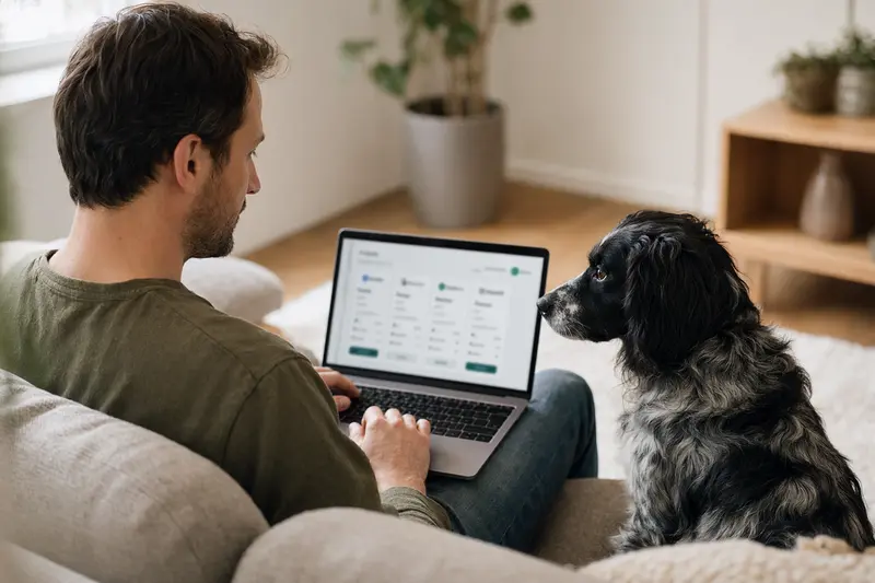 Ein Hundebesitzer sitzt mit einem Laptop auf dem Sofa, während ein Portugiesischer Hühnerhund neben ihm liegt und eine Versicherungsvergleichsoberfläche auf dem Bildschirm zu sehen ist.