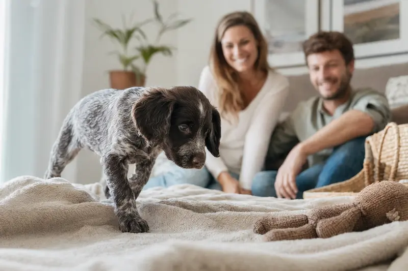 Ein neugieriger Portugiesischer Hühnerhund Welpe entdeckt liebevoll sein neues Zuhause mit Spielzeugen und einer weichen Decke.