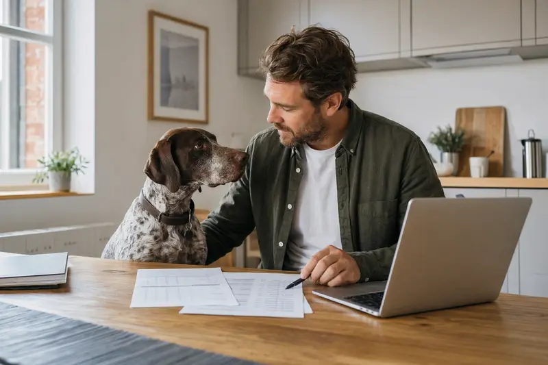 Ein Portugiesischer Pointer sitzt ruhig neben seinem Besitzer am Küchentisch mit Versicherungsunterlagen und Laptop in heller Wohnung.