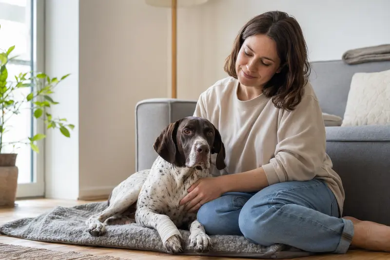 Ein Portugiesischer Pointer mit leichtem Verband an der Pfote liegt ruhig auf einer Decke neben seinem erleichterten Besitzer in einer hellen Wohnung.